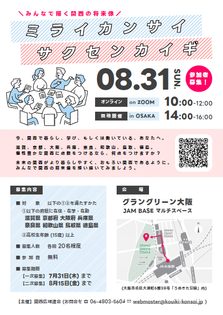 住民参加型ワークショップ『ミライカンサイ サクセンカイギ』参加者募集チラシ(オモテ)